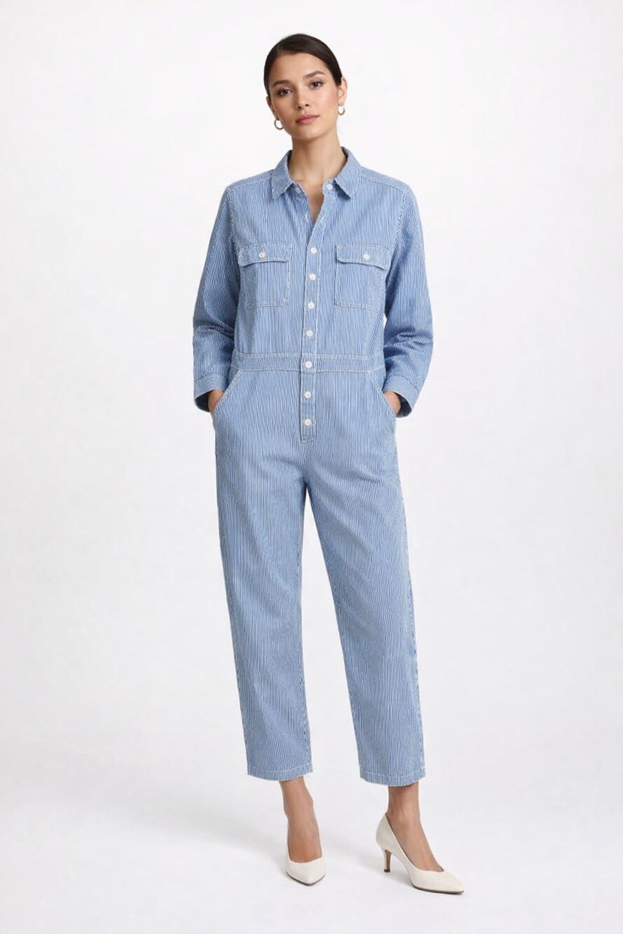 Outerknown Womens Coveralls Jumpsuit Size M Blue Stripe Linen Coastal Minimalist